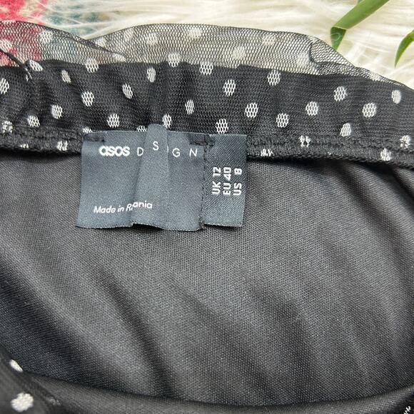 ASOS Black White Polka Dot Strapless Tank Top 8 Tulle Mesh Y2K Style - Picture 5 of 5